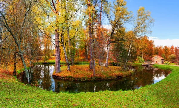 Autumn rural landscape - solitude island with pond and small house on the background