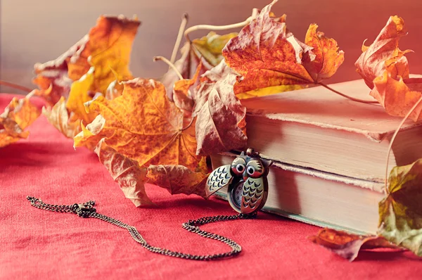 Autumn still life - old books with vintage clock in form of owl