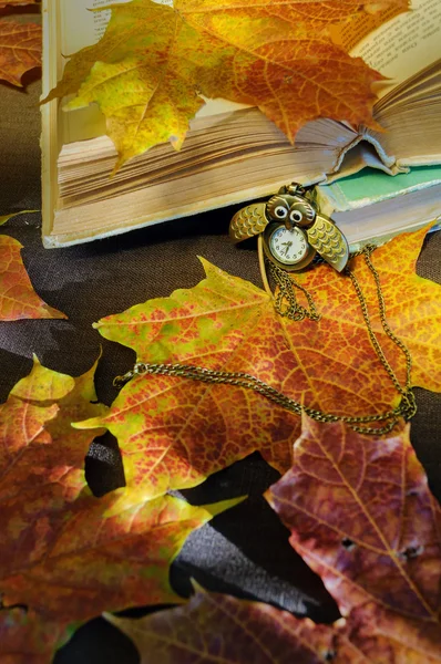 Old books with clock near  maple leaves - autumn still life in vintage tones