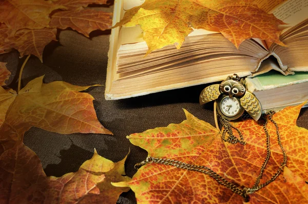 Old books with clocks near  maple leaves