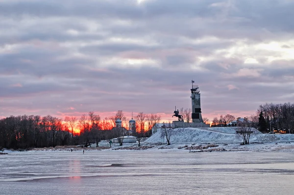 Victory monument and Trinity church at sunset in Veliky Novgorod, Russia