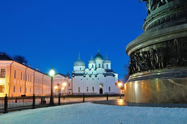 St.Sophia Cathedral and the monument Millennium of Russia in Veliky Novgorod, Russia - winter night view