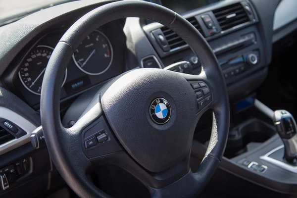 VARNA, BULGARIA - MARCH 17, 2016: The modern Interior of BMW Steering Wheel. BMW is a German automobile, motorcycle and engine manufacturing company founded in 1916.