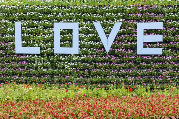 LOVE label on flowers bakground