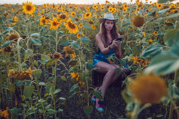 Girl in a cowboy hat lost in sunflower field catches a cellular phone. Sunset.