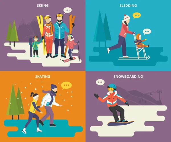 Family with kids concept flat icons set of winter sport