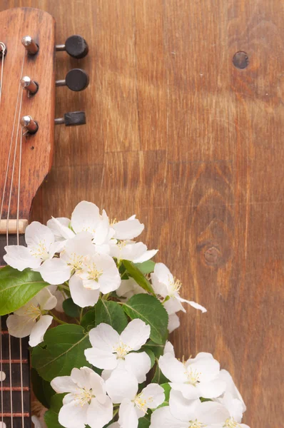 Old acoustic guitar and spring flowers on the table
