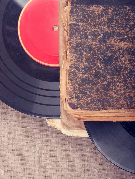 Vintage vinyl records and antique books, audiobook concept