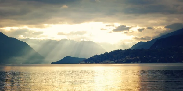 View of Lago di Como on sunset - vintage effect. Varenna, Italy.