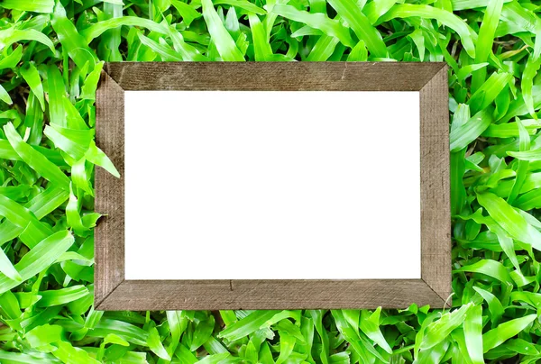 Close up of vintage wooden frame on green grass background