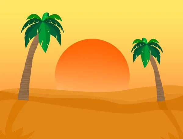 Summer desert landscape with two palm trees on the sides with a spectacular sunrise with orange sun over the sandy dunes with shadow of palm trees, tribe and leaves and orange sky