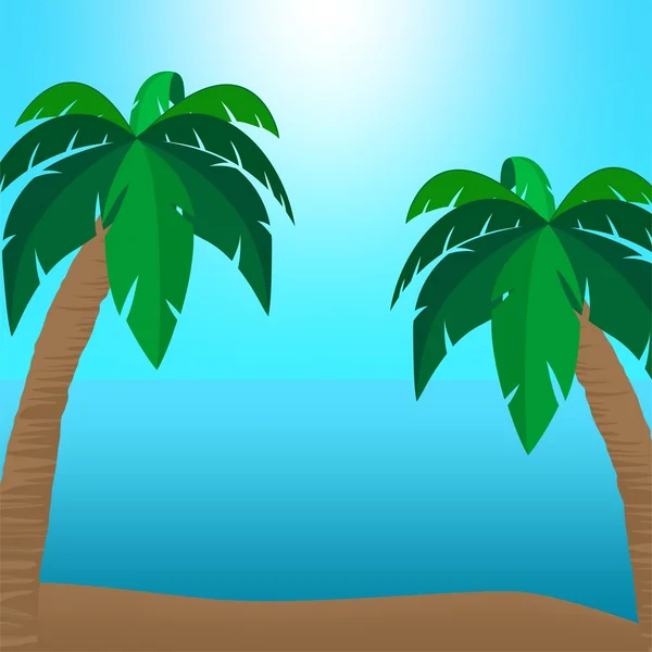 Summer holiday landscape with sandy beach coast with two palms with leaves and brown stem to the side with a blue surface of the sea and the blue sky with the sun shining over the horizon