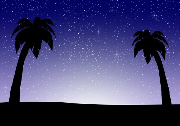Night landscape with palm trees on a sandy country with deep blue night sky with luminous stars in the starry sky with white glow in the middle of the bottom