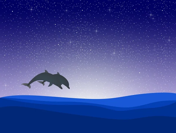Night landscape with two jumping dolphins above the waves sea level with a dark blue night sky with shiny stars and the clear starry sky over the horizon