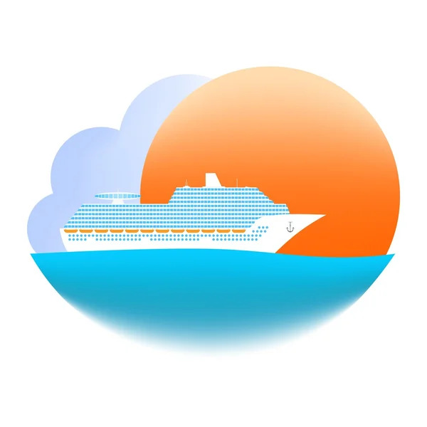 Summer sea landscape with the blue ocean with white transoceanic ship at sunset with orange sun and blue cloud on a white background. The transoceanic cruise ship with windows, anchor, chain and observation tower.