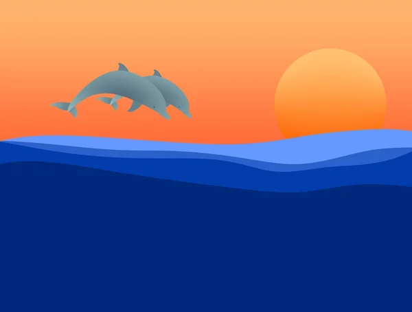 Summer landscape with a sunset with two jumping dolphins above the sea surface with waves with orange sun and orange sky