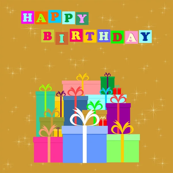 Birthday greeting to a bunch of colorful gifts with colorful ribbons on a gold background with shining stars and colored inscription Happy Birthday in colored squares