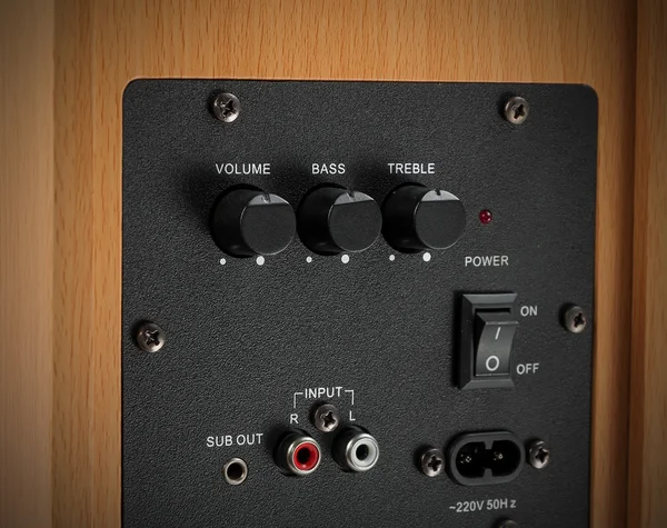 Connectors and knobs of professional audio speaker