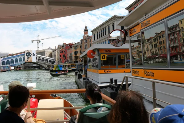 View to the Rialto Bridge and waterbus stop. Venice, Italy