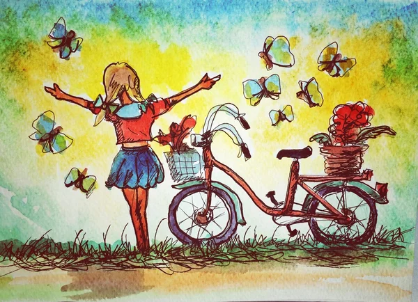 Drawing of girl with bicycle and butterflies