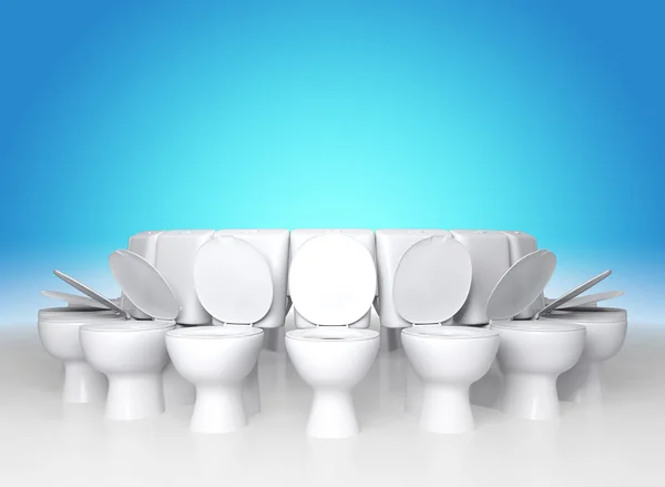3D rendering concept white toilet seats in a blue gradient background with copy space.