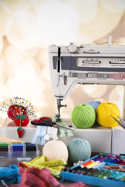 Sewing accessories on wooden table