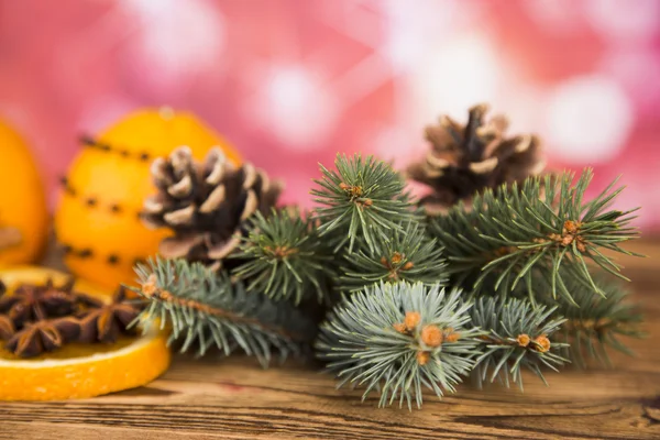 Christmas tree with cones, oranges with cinnamon and aniseed