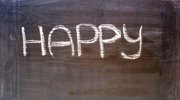 Hand written happy word on dark wooden chalkboard background