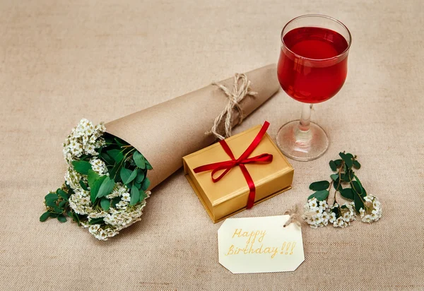 Romantic Breakfast.Cup of Coffee.Glass of Red Drink.Wish Card with Flowers.Present in Golden Box