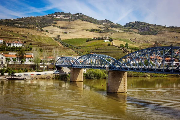View from Pinhao village in Portugal to Douro valley and river and bridge