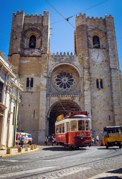 Old tram in front of the Lisbon Cathedral, Portugal