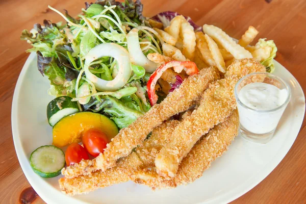 Fish and chips and salad