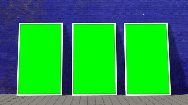 Three green screen frames on old brick wall and wooden floor