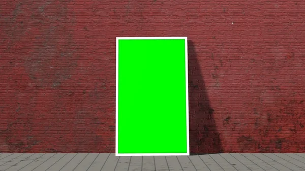Green screen frame on old brick wall and wooden floor