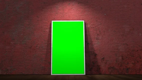 Green screen frame on old brick wall and wooden floor