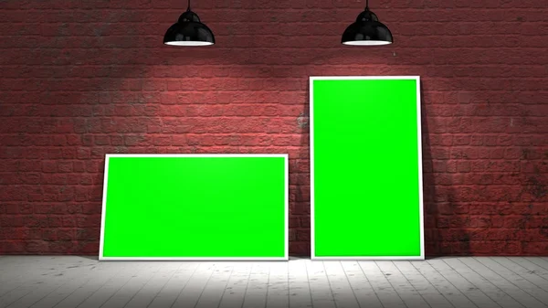 Two green screen frames on old brick wall and wooden floor illuminated with spotlights