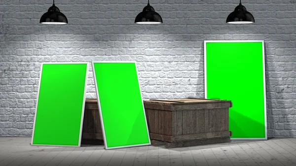 Three green screen frames with wooden crates on stone wall and wooden floor illuminated with spotlights