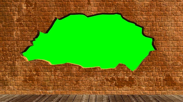 Green screen  in old brick wall with wooden floor - background design component
