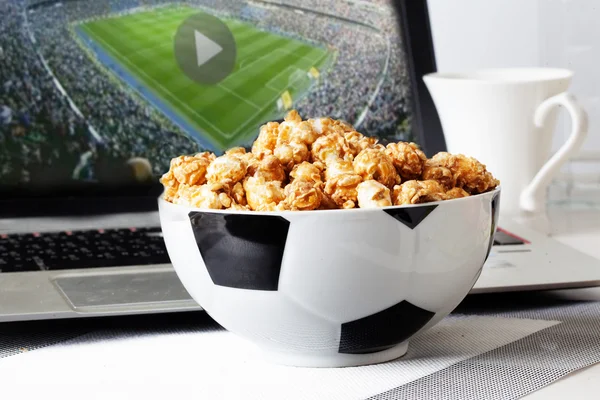 Football food popcorn bowl tv broadcast television laptop fans ball