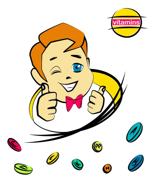 Cartoon nice boy with vitamin pills