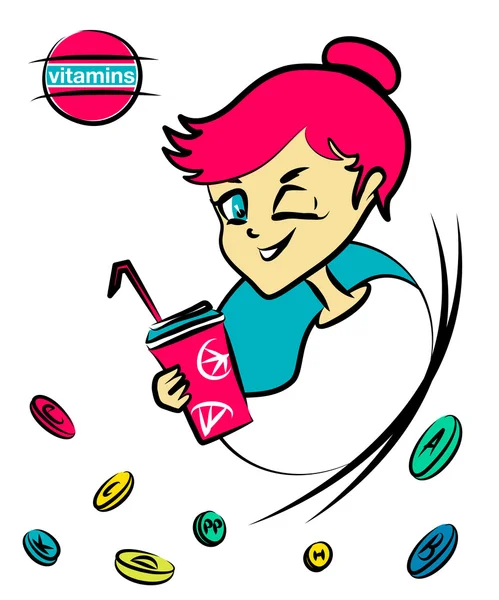 Cartoon nice girl with vitamin cocktail
