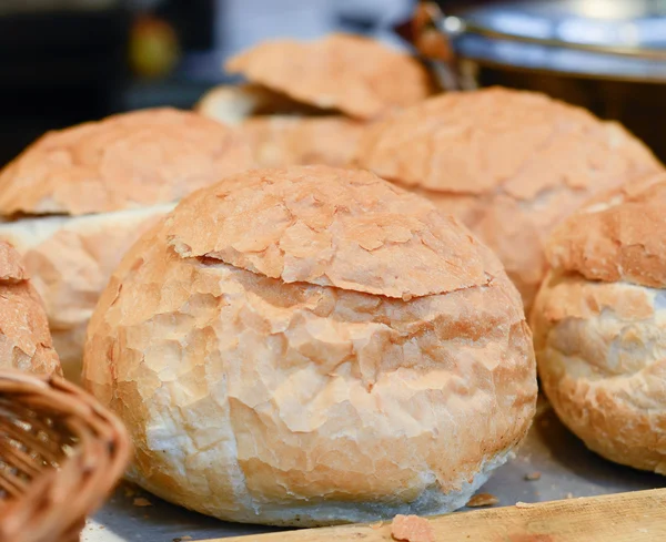 Christmas market food - close up of bread bowls