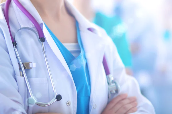 Attractive female doctor in front of medical group