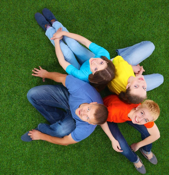 Group of young people sitting on green grass