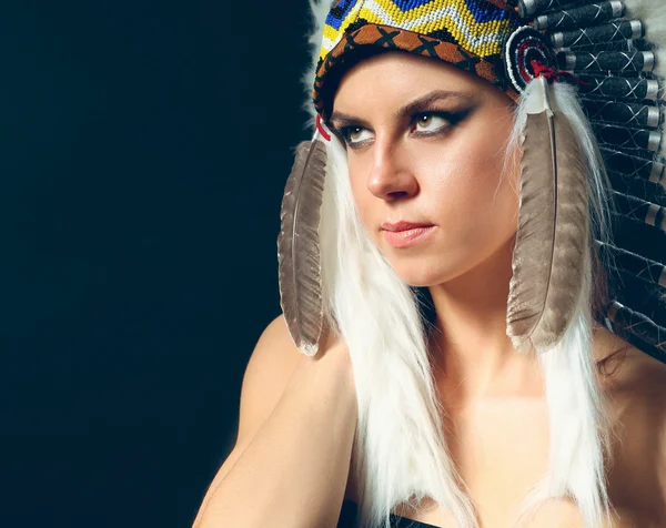 Beautiful woman in native american costume with feathers