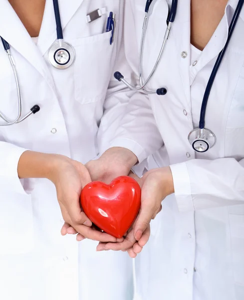 Two woman doctor holding a red heart, isolated on white background