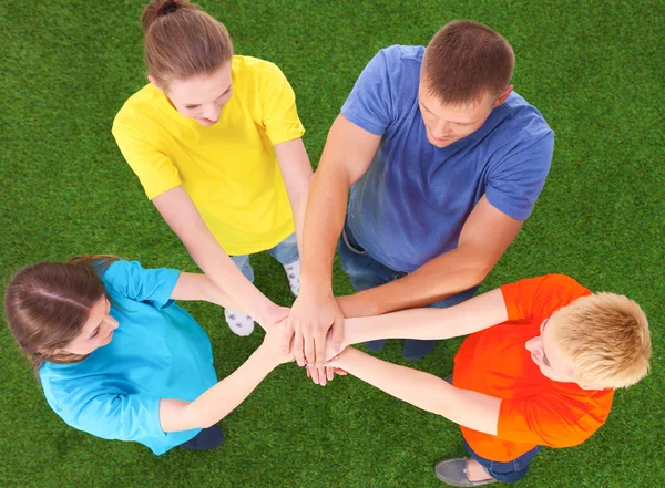 People joining their hands  on green grass