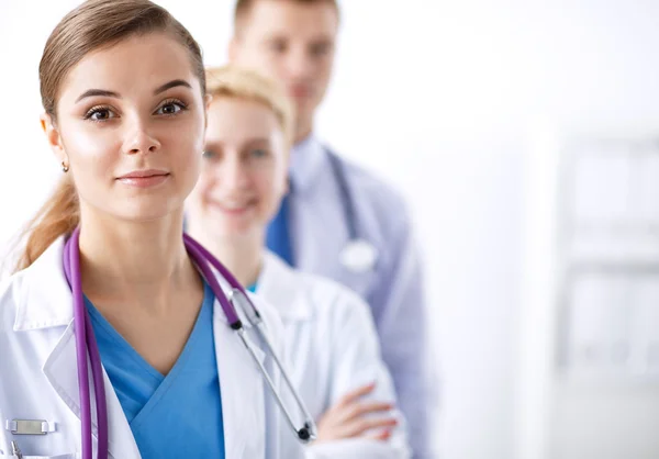 Attractive female doctor in front of medical group