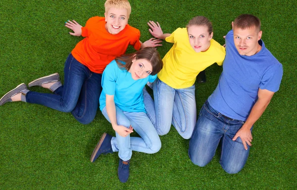 Group of young people sitting on green grass