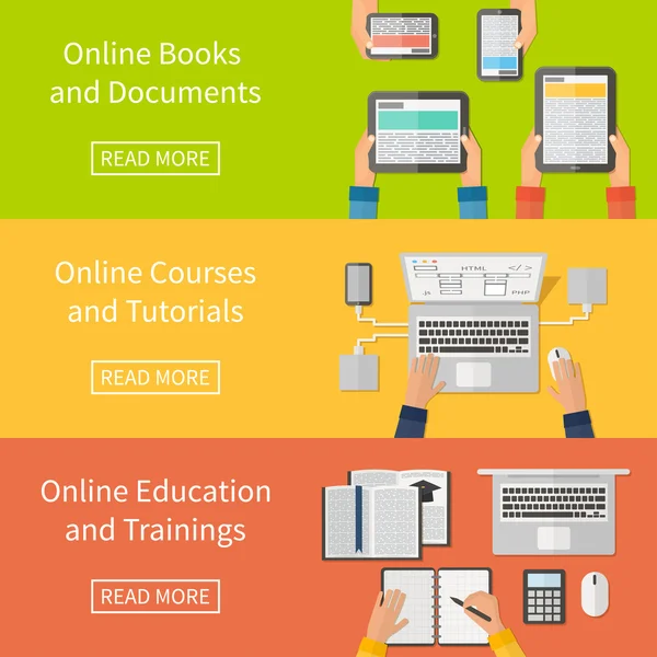 Online education,online training courses and tutorials, e-books. Digital devices, laptop. Flat design banners.